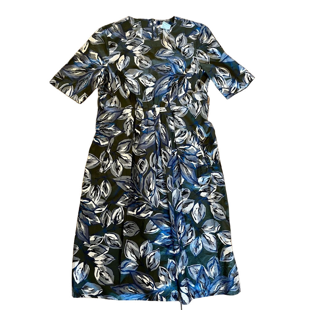'S Max Mara Leaf Print Cotton Midi Dress Blue Gray - Size XL (175/96A)